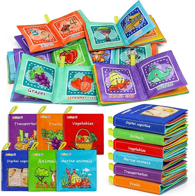 Dr.Rapeti Soft Cloth Books Baby Books Bath Books 6-Pack for Baby Infant Toddler Kids Crinkle Squeaky Washable Chewable Non-Toxic Early Educational Giftable
