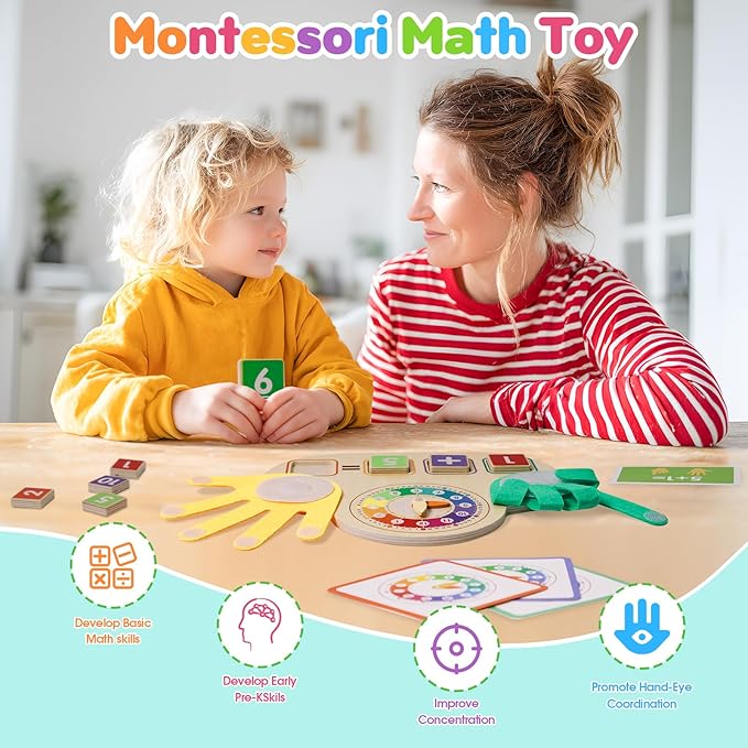 Montessori Learning Toys for Toddlers 3 4 5 years, Finger Counting Number Blocks and Clock Wooden Toys for Kids, Educational Math manipulatives Toys, Preschool Wood Homeschool Educational Math Toy.