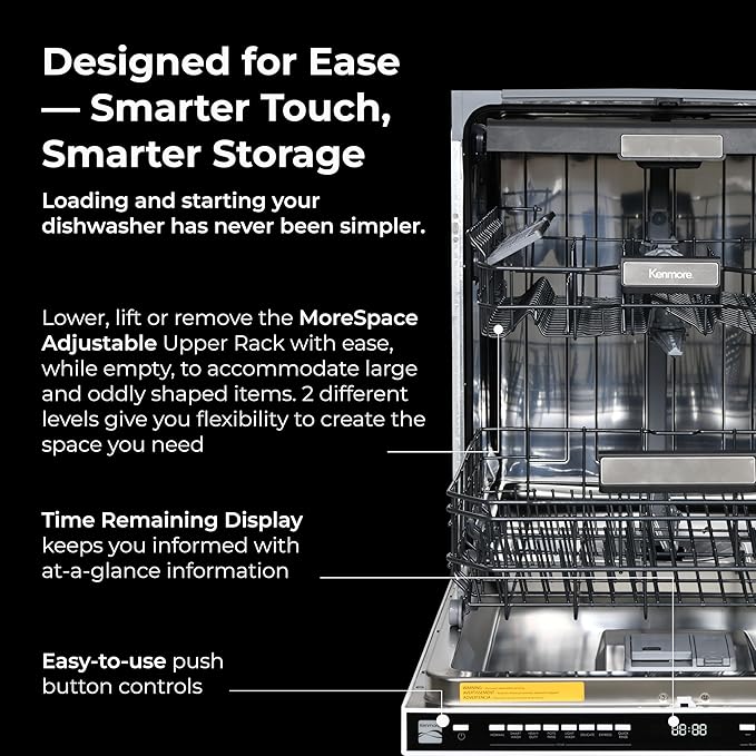 Kenmore 22-14622 24" Built-in Dishwasher-Quiet Tub with TurboDry, Leak, & SmartWash Soil Detection-15 Place Settings-49 DBA-Energy Star Certified, 24.61"D x 23.55"W x 33.88"H, White