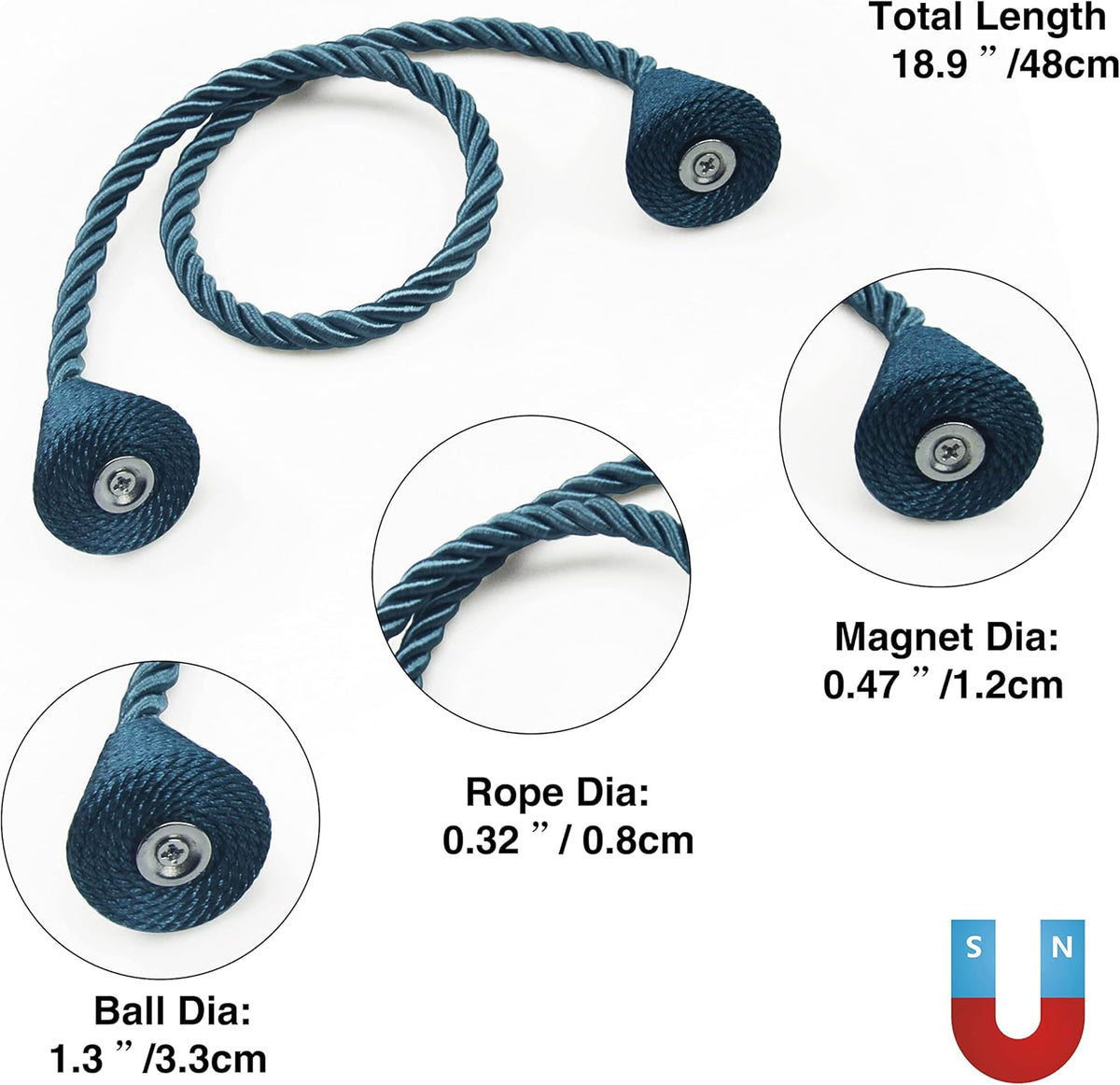 4 Pack Magnetic Curtain Tiebacks Rope Modern Handmade Curtain Tie Backs Decorative Drapes Weave Holdbacks for Window Décor, Blue