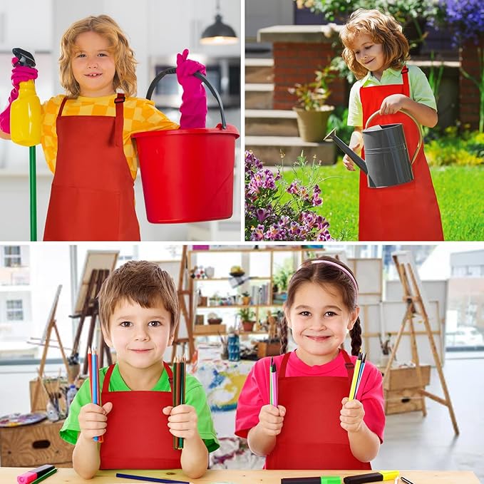 PLULON 10 Pcs Aprons for Kids Adjustable Kids Red Apron Bulk with Pocket Painting Aprons For Boys Girls Painting Cooking Baking (Red)