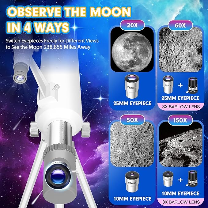 Hawkko Telescope for Adults & Kids – 80mm Aperture 500mm Telescopes for Adults Astronomy, (20X-150X) Portable Refractor Telescope Kit for Beginners with Decorate Stickers, AZ Tripod, Phone Adapter