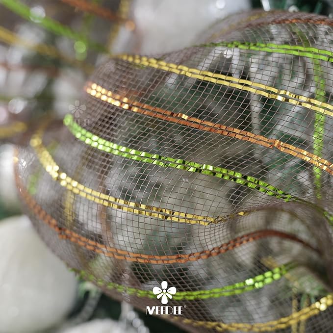 MEEDEE Fall Deco Mesh 10 Inch Rolls Brown Basic Mesh with Deluxe Wide Foil Orange & Yellow & Lime Metallic Striped Deco Mesh for Wreaths, Garland, Christmas Tree, Gift Wrapping, Bows Making (30 Feet)
