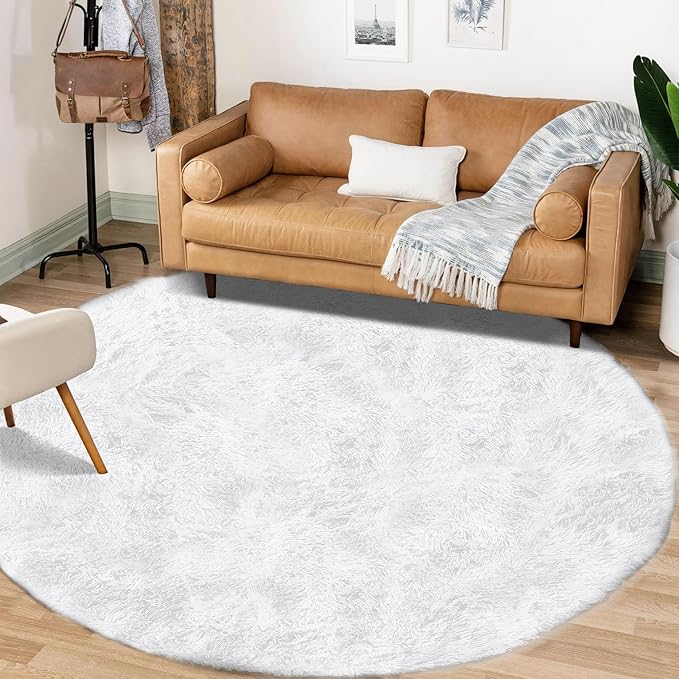 4FT Round Rug for Bedroom: Fluffy Shag Soft Washable Rugs Circle Small Fuzzy Plush Indoor Carpet for Living Room Nursery Playroom Dorm Kids Girls Boys Room (White, 4'x4')