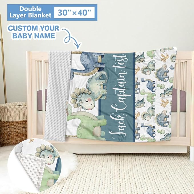 Custom Baby Crib Bedding Set, 5 Pcs Personalized Name Green Dino Baby Crib Set for Kid Infant Toddler, Double Layer Customized Present