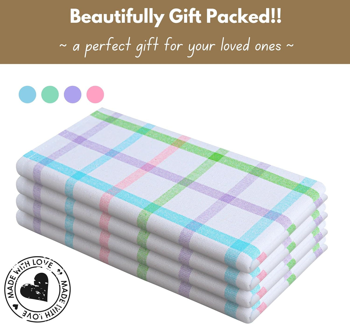 Native Fab Multi Color Checked Kitchen Towels Set of 4, 100% Cotton, 16x26 Inch Dish Cloth Set, Soft & Absorbent Tea Towels for Daily Cooking, Cleaning, Drying Dishes - Machine Washable Washcloths