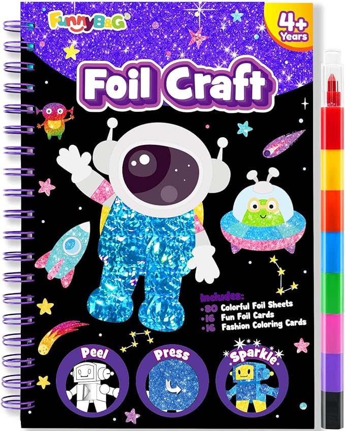 FUNNYB&G Foil Art Craft Activity for Kids - Gift for Boys Crafts for Kids Fun Art Supplies DIY Creative Travel Toy, Birthday Gift Party Favor Toys for Girls Boys 4 5 6 7 8 9 Years Old (Space)