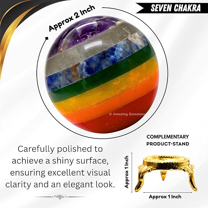Amazing Gemstone Chakra Crystal Ball with Stand - 2 Inches Crystal Sphere Meditation Balls for Witchcraft and Decorative Balls