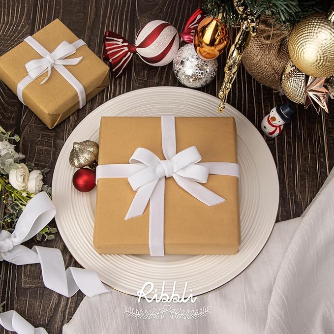 Ribbli Polyester White Velvet Ribbon,5/8 Inches Continuous10-Yard Spool,Christmas Ribbon for Gift Wrapping,Floral Bouquets, Home Decor