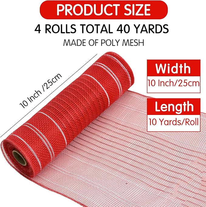 TONIFUL 4 Rolls 10 Inch Red and White Decorative Mesh Ribbbon Rolls, for Wreath Supplies Front Door Craft Tree Decor Christmas NewYears Valentine's Day Halloween Decoration (30ft/roll, 120ft/Set)