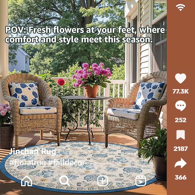 jinchan 8ft Floral Round Rug for Dining Room Washable Living Room Rug Vintage Romance Design Non Slip Indoor Floor Cover Lightweight Low-Profile Throw Carpet for Bedroom Porch Patio, Blue/Beige