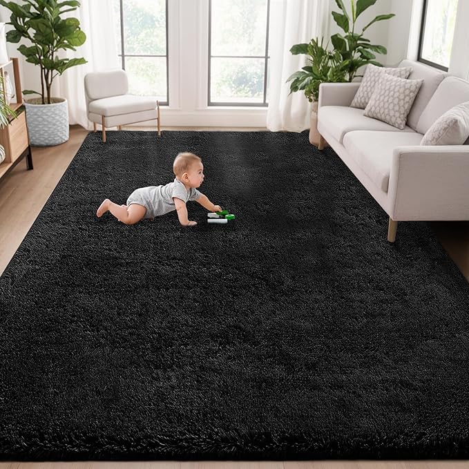5x8 Area Rug for Living Room: Fluffy Shag Soft Washable Rugs Fuzzy Plush Indoor Carpet for Bedroom Nursery Playroom Dorm Kids Girls Boys Room (Black, 5'x8')
