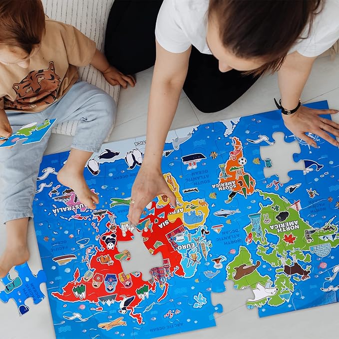 Jumbo Floor Puzzle for Kids,World Map Jigsaw Geography Puzzles,48 Piece Globe Atlas Puzzle with Continents,United States Puzzle for Ages 3-5,Preschool Learning Toys Gift for 4-8 Years Old