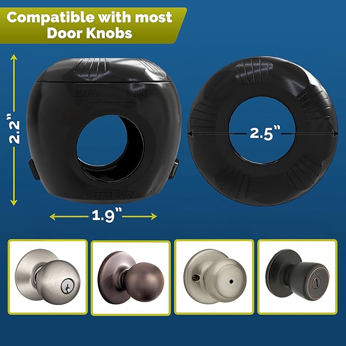 Child Safety Door Knob Cover (4 Pack) Hard-to-Remove Dual-Lock Door Handle Covers for Kids - Reusable Baby Proof Door Knob Locks - Installs Easily, No Tools Needed (Black)