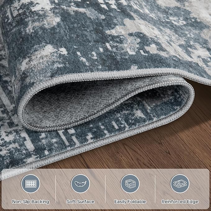 4x6 Area Rugs for Living Room Rug Washable: Modern Large Rug for Dining Room Bedroom Carpet Non Slip Low Pile 4 by 6 Indoor Abstract Nursery Home Office Blue Grey