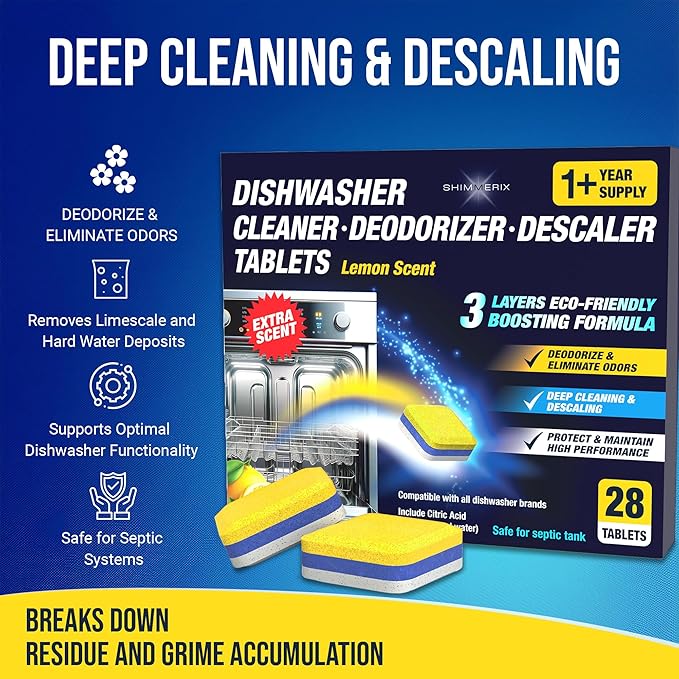 Dishwasher Cleaner Deodorizer Descaler Tablets - 28 Tabs - 1 Plus Year Supply - Extra Scented Deep Cleaning Sanitizer Pods - Remove Hard Water - Contain Citric Acid Heavy Duty Septic Safe - Lemon