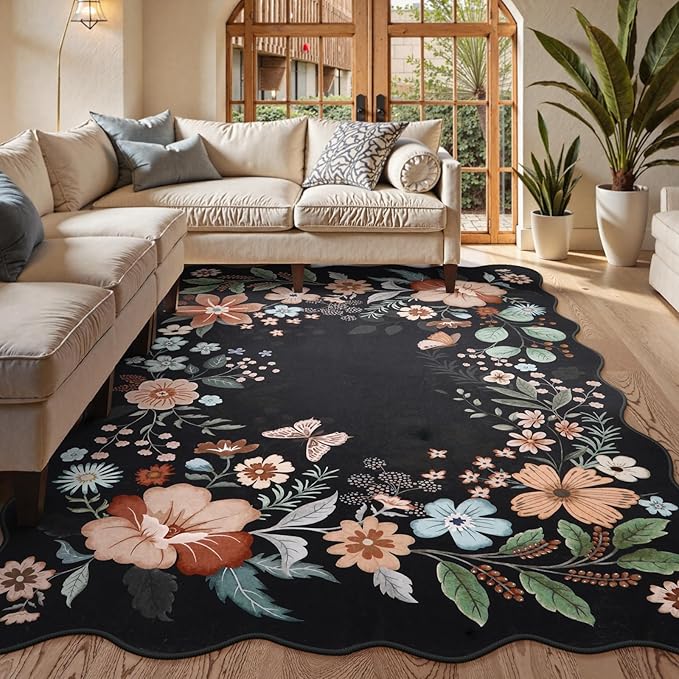 Beeiva Washable Rugs 8x10 for Living Room - Scalloped Floral Printed Soft Non Slip 8 x 10 Area Rug for Dining Room Boho Flower Ultra-Thin Aesthetic Carpet for Kids Room Dorm Office(Black,8x10ft)
