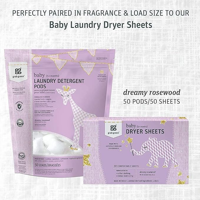 Grab Green Baby Laundry Detergent Pods, 50 Count, Dreamy Rosewood, Plant and Mineral Based, Formulated to Tackle Growing Baby (5 Months and Older) Laundry Stains