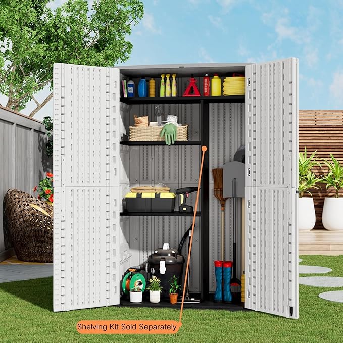 ZZM Resin Outdoor Storage Shed, 67 Cu.ft Vertical Resin Tool 4x6 FT Cabinet w/o Shelf for Garden, Patio, Backyard, All-Weather Outdoor Plastic Storage Clearance, Lockable with Floor (Light-White)