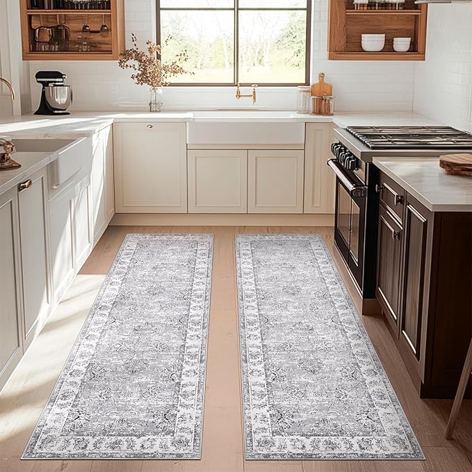 jinchan Runner Rug 3x8-2pcs Kitchen Washable Vintage Rug Hallway RugFloral Print Floor Cover Indoor Thin Retro Mat Accent for Bathroom Laundry Room Bedroom Office Farmhouse (Double,Grey)