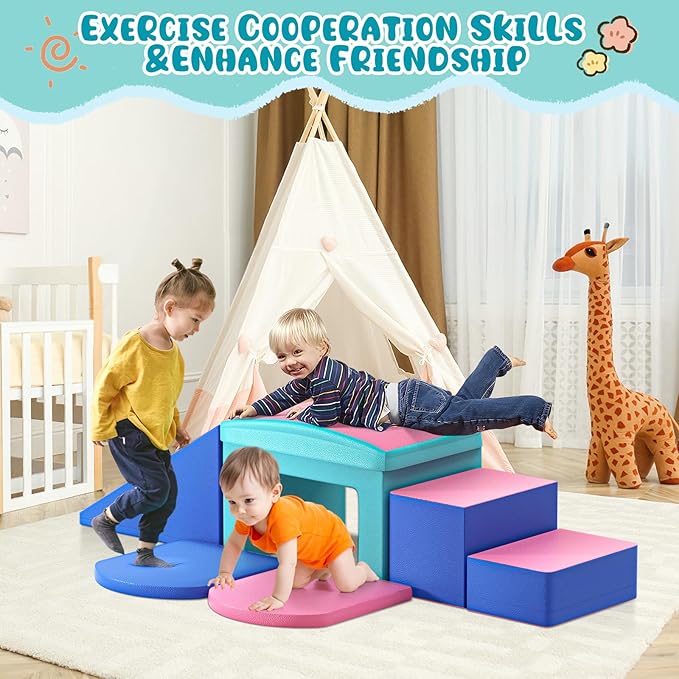 Lischwert Foam Climbing Blocks for Toddlers, Toddler Climbing Toys Indoor with Slide Stairs and Ramp Soft Play Climbing for Toddlers, 6 Pieces