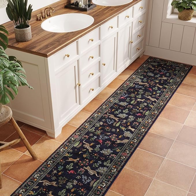 Rugcomf Runners for Kitchen Non Slip 2'x10' Long Washable Runner Rugs with Rubber Backing Soft Floral Animal Carpet Runner for Kitchen, Laundry, Bedroom, Bathroom (Blue)