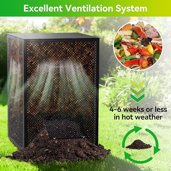 Compost Bin Outdoor - Large 93 Gallon Metal Perforated Sheet Compost Bucket with Rust-Proof Coating, Heavy-Duty & Easy Assembly, Fast Creation of Fertile Soil, for Garden, Kitchen & Yard Waste, Black