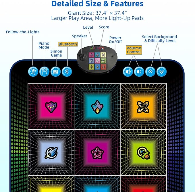 SUNLIN Light Up Dance Mat, Toy Gift for Girls Boys 3-10, Wireless Dance Pad w/ 9 Light-Up Buttons & Bluetooth, Music Pad w/ 4 Game Modes, Volume Control, Birthday Gifts for 3 4 5 6 7 8 Years Old Kids