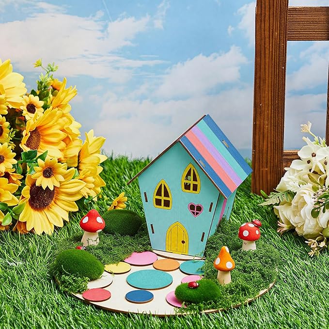 Kathfly 2 Sets Wooden Fairy House Craft Kit, Fairy Garden Kit with Paints & Decorations, Unpainted Miniature Accessories for Home Event Party Decor, Arts Crafts Birthday Gift