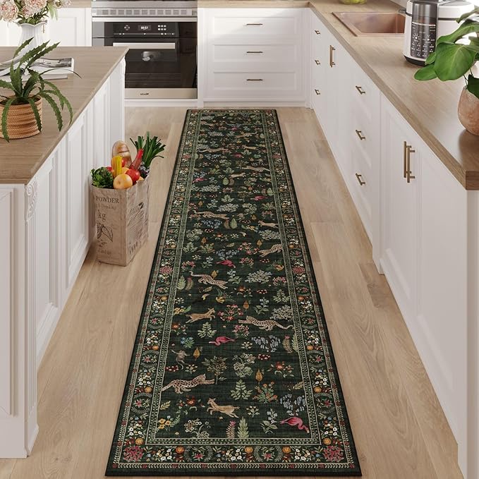 Rugcomf Runners for Kitchen Rug Non Slip 2'x10' Long Washable Rugs with Rubber Backing Soft Floral Animal Carpet Runner for Kitchen, Laundry, Bedroom, Bathroom (Green)