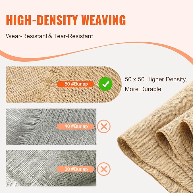 VEVOR Burlap Fabric Roll, 14” x 150 ft High Density Natural Jute Fiber Material for Outdoor Plant Care, Tree Wrap Roll, Decor, DIY Crafts, Wedding, Garden Weed Barrier, Plants & Trees Winter Covering