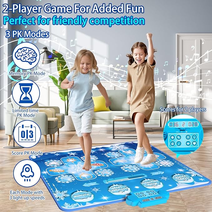 Kids Dance Mat Toys - 2-Player Dance Pad Gifts for Girls Boys Toddlers 3 4 5 6 7 8 9 + Year Old Electronic Dancing Mat Floor Games Toy with Music Light Christmas Birthday Gift (Frozen Blue)