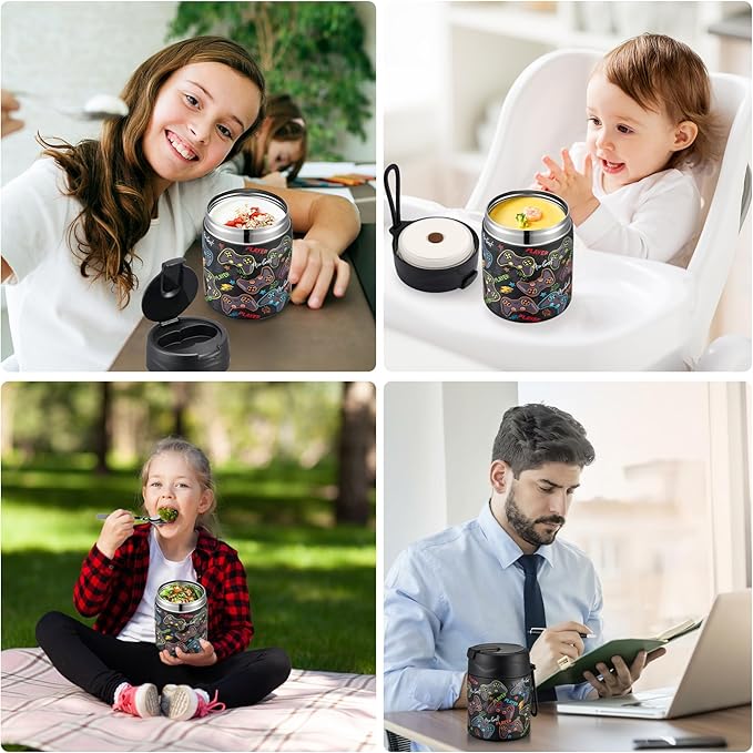 17oz Soup Thermo for Hot Food Kids,Insulated Food Jar with Spoon,Thermo Hot Food Lunch Container,Wide Mouth Leakproof Stainless Steel Lunch Box for School-Black Game