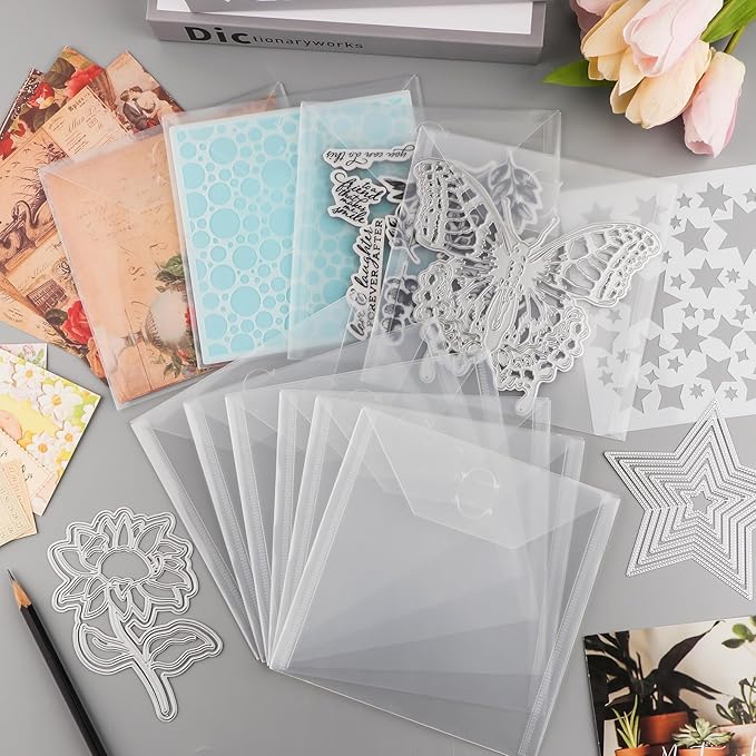 BAOFALI 100 Pcs/Set 5 Sizes Clear Stamp and Die Storage Pockets, Stamp Storage Bags, Plastic Envelopes, Scrapbooking Storage Die Cuts for Stencil Storage Card Making Cutting Dies