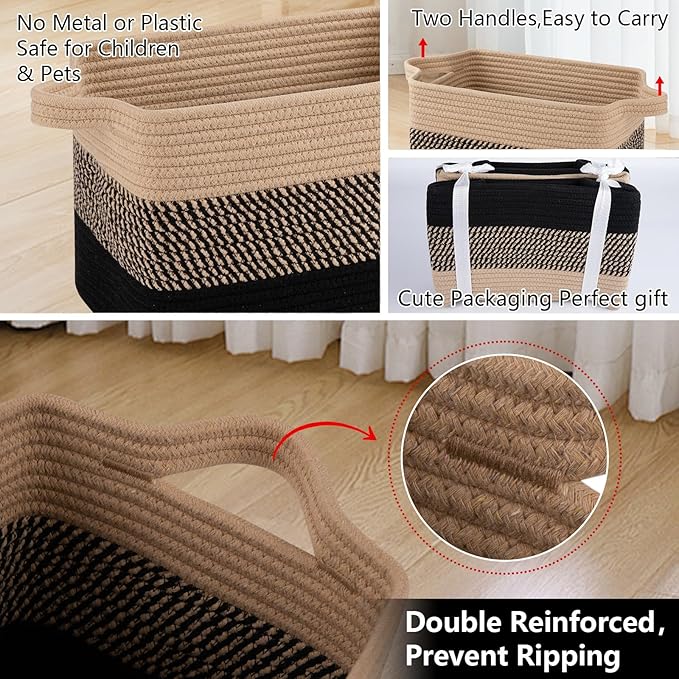 OIAHOMY Storage Basket, Woven Baskets for Storage, Cotton Rope Basket for toys,Towel Baskets for Bathroom - Pack of 3, Black & Brown