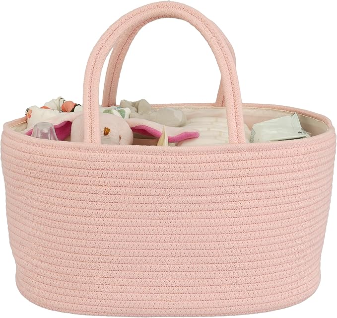 Diaper Caddy Organizer Cotton Rope Baby Basket Nursery Storage and Portable Tote Bag for Car Ideal Baby Shower Gifts and Registry Must-Have for Newborn Essentials large coral pink