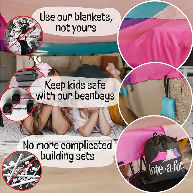 Tote a Fort Princess Blanket Fort Building Kit for Kids, 3 Blanket TOTEAFORT Toy, Make a Portable Playhouse, Play Tent Boy and Girl Indoor Outdoor Build Set, STEM Children Toy, Ages 4, 8, 12 +