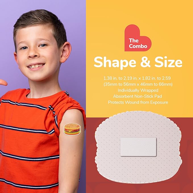 BioSwiss Bandages, Combo Meal Shaped Self Adhesive Bandage, Latex Free Sterile Wound Care, Fun First Aid Kit Supplies for Kids, 24 Count