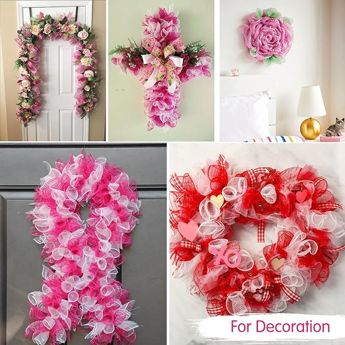 TONIFUL 4 Rolls 10 Inch Red/Pink/White Decorative Mesh Ribbbon Rolls, for Wreath Supplies Front Door Wreath Crafts Tree Decor Christmas NewYears Valentine's Day Decoration (30ft/roll, 120ft/Set)