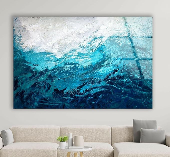 My Photostation.com 35.5Wx30H'' Blue Waves Abstract Glass Wall ArtTempered Glass Printing Wall Decor Large Wall Art Wall Hangings