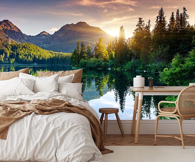 Natural Landscape Wallpaper Green Forest Lake Mountain Large Mural Wall Decor for Bedroom Living Room TV Background Home Decorations(Not Self-Adhesive)
