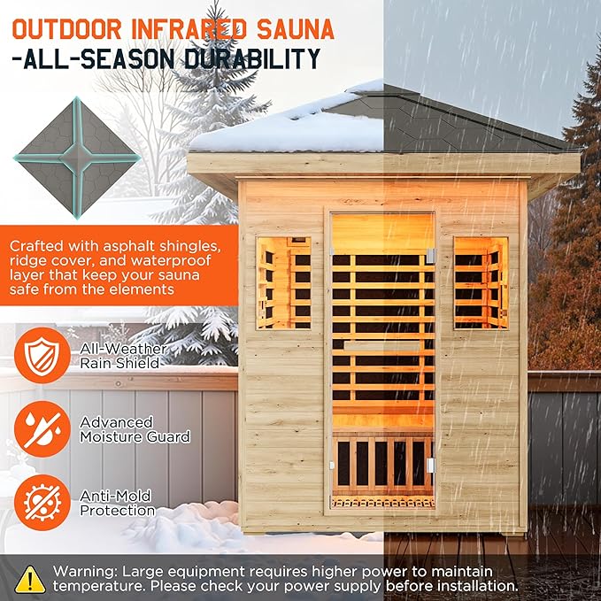Albott Outdoor Sauna 3 Person, Infrared Saunas for Home, Low EMF 2645W/240V Spruce Wood Dry Sauna with Tourmaline Stone Foot Warmer, 7-Color Light Therapy & 2 Bluetooth Speakers, 60.2"x43.3"x98.4"