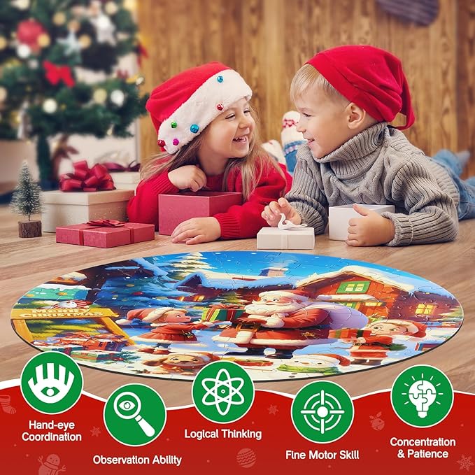 Christmas Puzzles for Kids Ages 4-6, Kids Puzzles with Santa Claus & Snowman,70 Piece Round Large Floor Puzzles for Kids Ages 3 4 5 6 7 8, Educational Toy Gift Jigsaw Puzzles for 5 Year Old Boys Girls