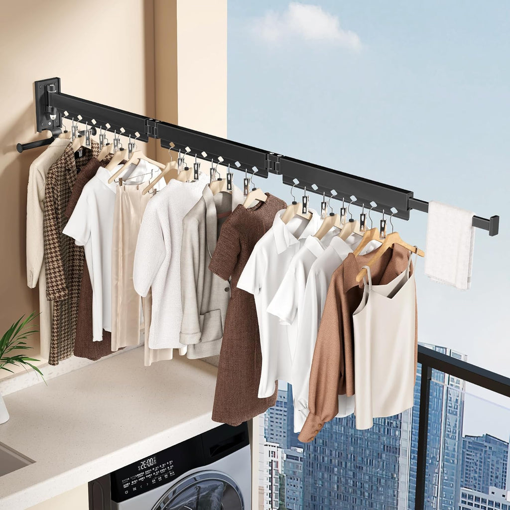 Wall Mounted Collapsible Clothes Drying Rack, Durable Space-Saving Laundry Drying Rack Clothing Hanger, Upgraded with Clips and Windproof Holes