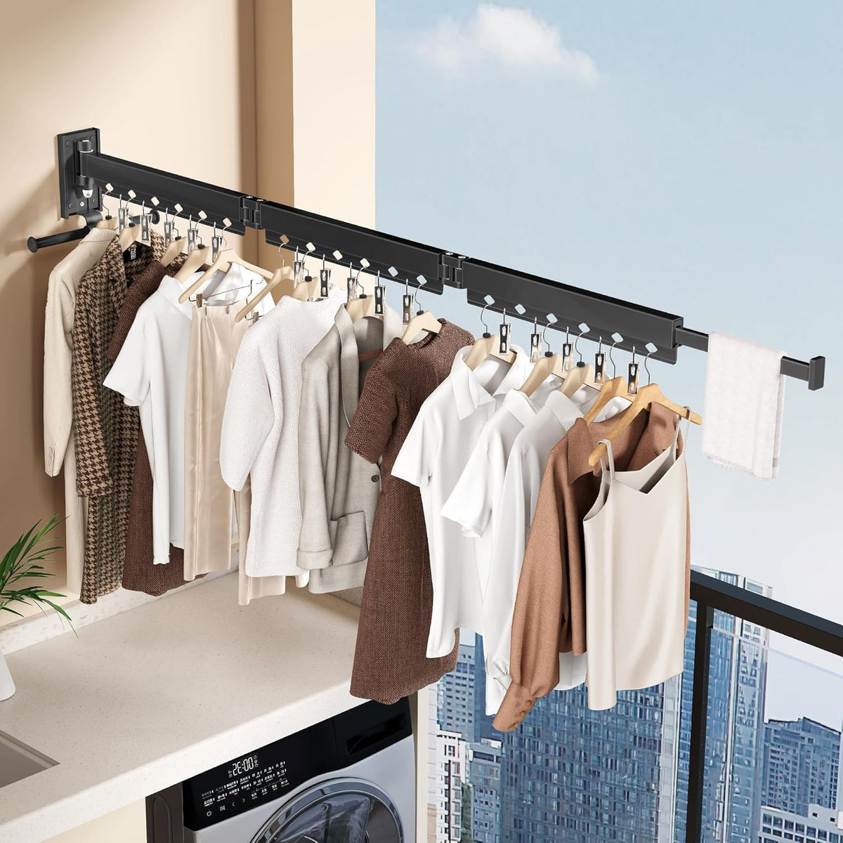 Wall Mounted Collapsible Clothes Drying Rack, Durable Space-Saving Laundry Drying Rack Clothing Hanger, Upgraded with Clips and Windproof Holes