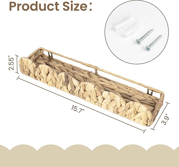 AELS Scalloped Nursery Bookshelf, Set of 2, Picture Ledge Shelf for Wall Decor, Woven Natural Water Hyacinth Floating Shelves for Books, Toys, Photo Frames, Nursery, Boho Modern Farmhouse Book Shelf