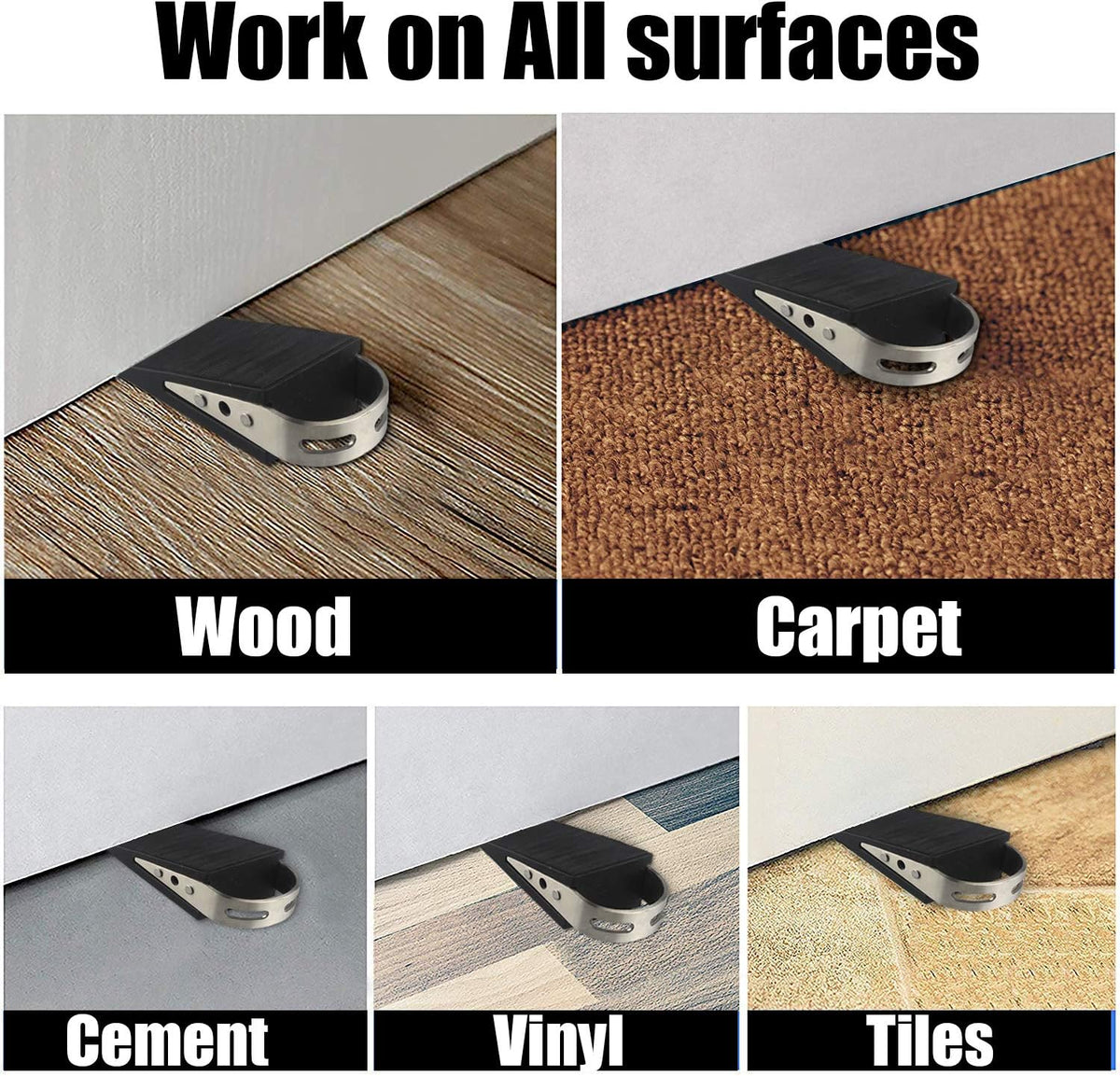 JQK Heavy Duty Door Stopper Rubber Wedge, 304 Stainless Steel Security Door Stops Works On All Floor Types, Brushed(4 Pack), DSB6-BN-P4