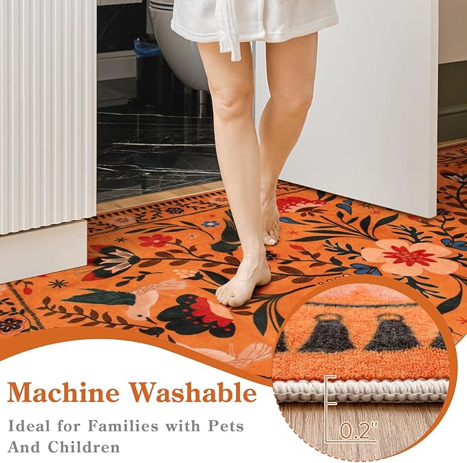 Moynesa Boho Area Rugs 9x12 Living Room, Machine Washable Ultra Thin Soft Bedroom Rug, Indoor Bird Floral Pattern Print Large Orange Carpet for Hardfloor Dining Room Under Table Playroom