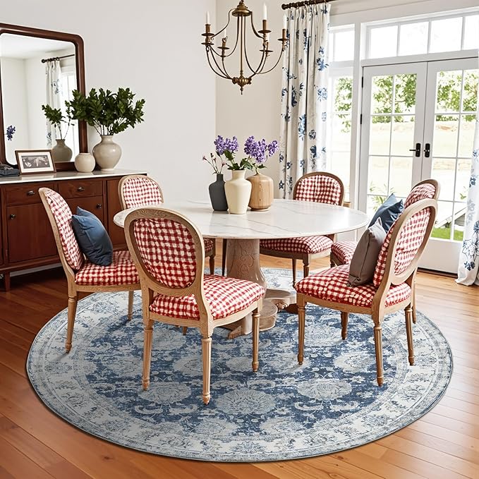 jinchan Round Rug 8ft Area Rug - Dark Blue Vintage Floor Mat Kitchen Indoor Ultra-Thin Soft Floral Print - Washable Circle 8' Retro Accent for Farmhouse Non Slip Dining Room Living Room Bedroom Office