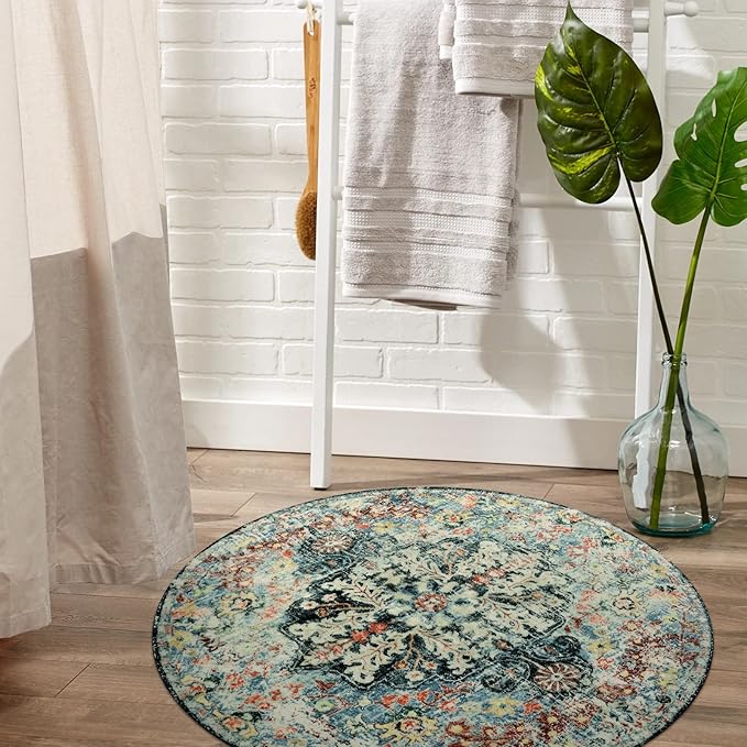 Lahome Bohemian Floral Medallion Round Rug - 3Ft Small Bedroom Round Area Rug Soft Bathroom Circle Mat, Teal Vintage Non Slip Machine Washable Entryway Carpet for Nursery Kitchen Family Room
